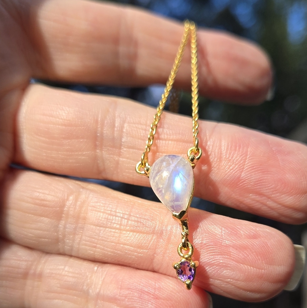 Moonstone & Amethyst Natural Gemstone Sterling & Gold 18" Necklace - Picture 11 of 13